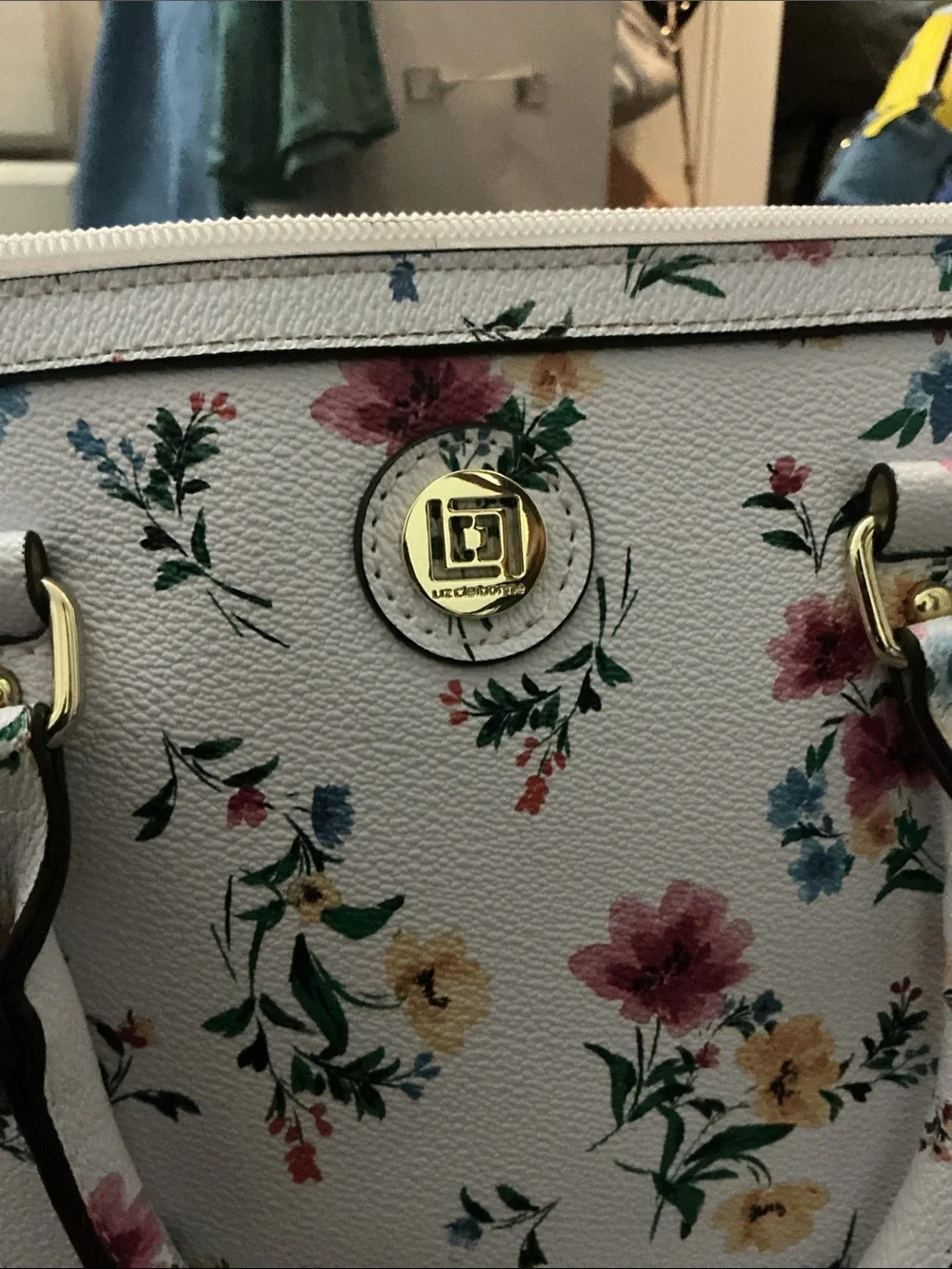 Liz Claiborne White Floral Satchel with Pink, Yellow & Blue Accents
